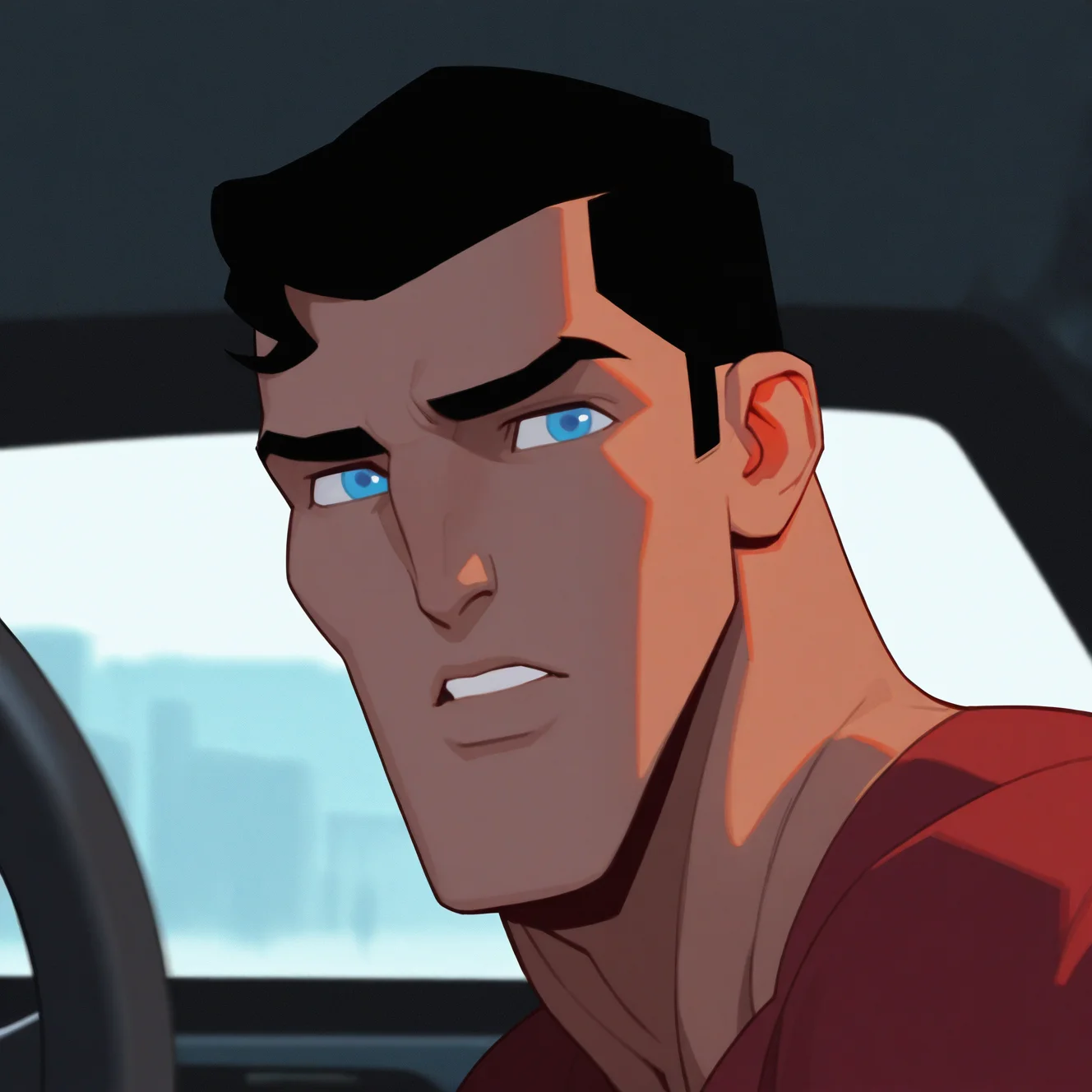 <lora:SUPERMAN_UNBOUND:1>superman_unbound, solo, looking at viewer, short hair, blue eyes, shirt, black hair, 1boy, male focus, parted lips, teeth, dark skin, from side, looking to the side, thick eyebrows, dark-skinned male, portrait, red shirt, motor vehicle, close-up, meme, sideburns, car, official style, car interior, steering wheel, detailed background, motion blur, film grain, abstract, natural lighting, fantasy, cinematic, dynamic view, tilted angle, very awa, masterpiece, best quality, absurdres, newest, perfect quality, detailed background, intricate details, (artist:fl \(l-fl\):0.7), (artist:tooboshoo:0.7), (artist:dizdoodz:0.8)