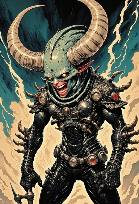 Create a costume for the game show host, blending the flamboyant 70s attire with GWAR's signature alien warrior aesthetic. The host wears a sparkling, sequined jumpsuit adorned with metallic spikes and a towering, horned helmet, holding a microphone that resembles a bone club, engaging contestants in a boisterous, dramatic tone.