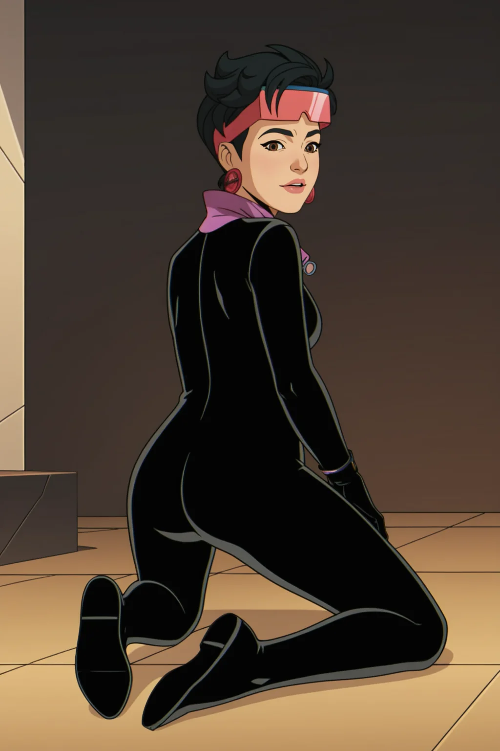 score_9, score_8_up, score_7_up, score_6_up, score_5_up, score_4_up, BREAK, <lora:Jubilee_V2:.8>, 1girl, Jubilee, black hair, brown eyes, eyewear on head, black bodysuit, black boots, black gloves, kneeling, from behind, looking back, looking at viewer