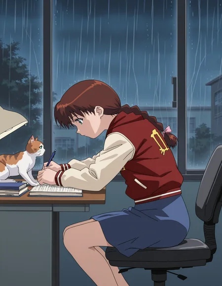 <lora:ghost-stories-v2-illustrious-000008:0.9> 1girl, solo, miyanoshita, braided ponytail, letterman jacket, blue skirt, studying, office chair, book, pen, from side, window, rain, bedroom, cat, night, masterpiece, best quality