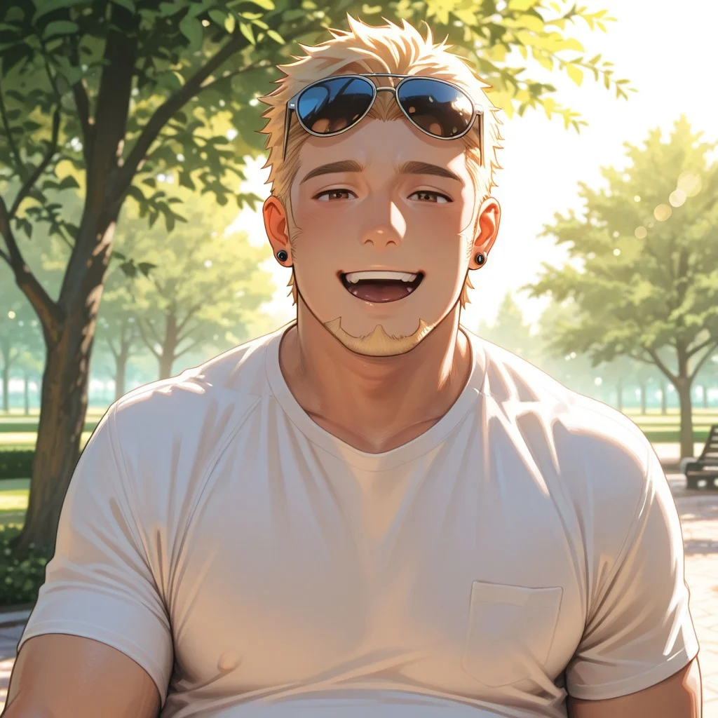 masterpiece, best quality, amazing quality, absurdres, newest, detailed background, definition so sharp, Ultra-HD, 8K cinematic, very awa, impressionate, amazing quality, highres,
solo, male focus, manly,
1boy, short hair, goatee, chubby, rikio_blonde, rikio_brown eyes, rikiokamamoto, sunglasses \(on head\), earrings, sideburns, simple t-shirt, bright lighting, park, sunny day, soft bokeh, gentle, kind eyes, inviting, friendly, joyful, looking at viewer, open mouth smile,