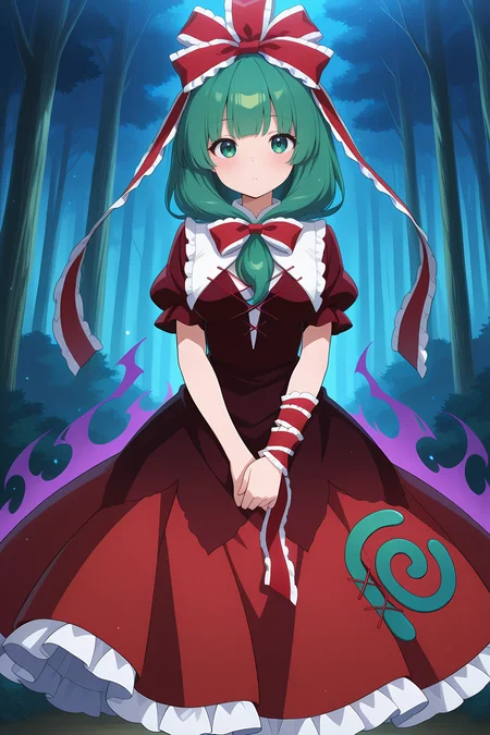 absurdres, highres, masterpiece, best quality, amazing quality, official anime artwork, screencap, anime screencap, outdoors, looking at viewer, forest, 
 <lora:Hina-Kagiyama_Illustrious:1> kagiyama hina, 1girl, solo, green eyes, green hair, long hair, front ponytail,, hair ribbon, red ribbon, lace trim, red dress, short sleeves, frilled skirt, aura, dark aura, light particles, joint hands,