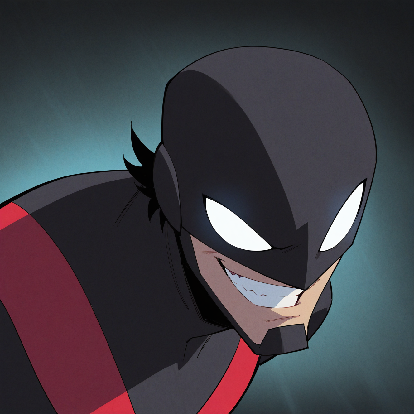 <lora:RED_ROBIN:1>red_robin_bu, solo, looking at viewer, smile, 1boy, upper body, male focus, teeth, grin, mask, bodysuit, meme, goatee, black bodysuit, evil smile, superhero, evil grin, domino mask, white eyes, blank eyes, dynamic view, motion blur, film grain, abstract, natural lighting, fantasy, cinematic, very awa, masterpiece, best quality, absurdres, newest, perfect quality, detailed background, intricate details, (artist:fl \(l-fl\):0.7), (artist:tooboshoo:0.7), (artist:dizdoodz:0.8)