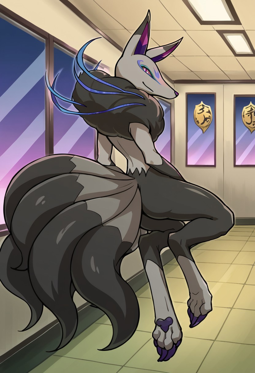 BREAK score_9_up score_8_up score_7_up, source_furry, (frontal), Darkyuubi_Yo-kai, violet eyes, silver fur, dark gray fur, blue strands, dark purple claws, violet eyes, nine tails, multiple tails, full body, sanctuary, interior,