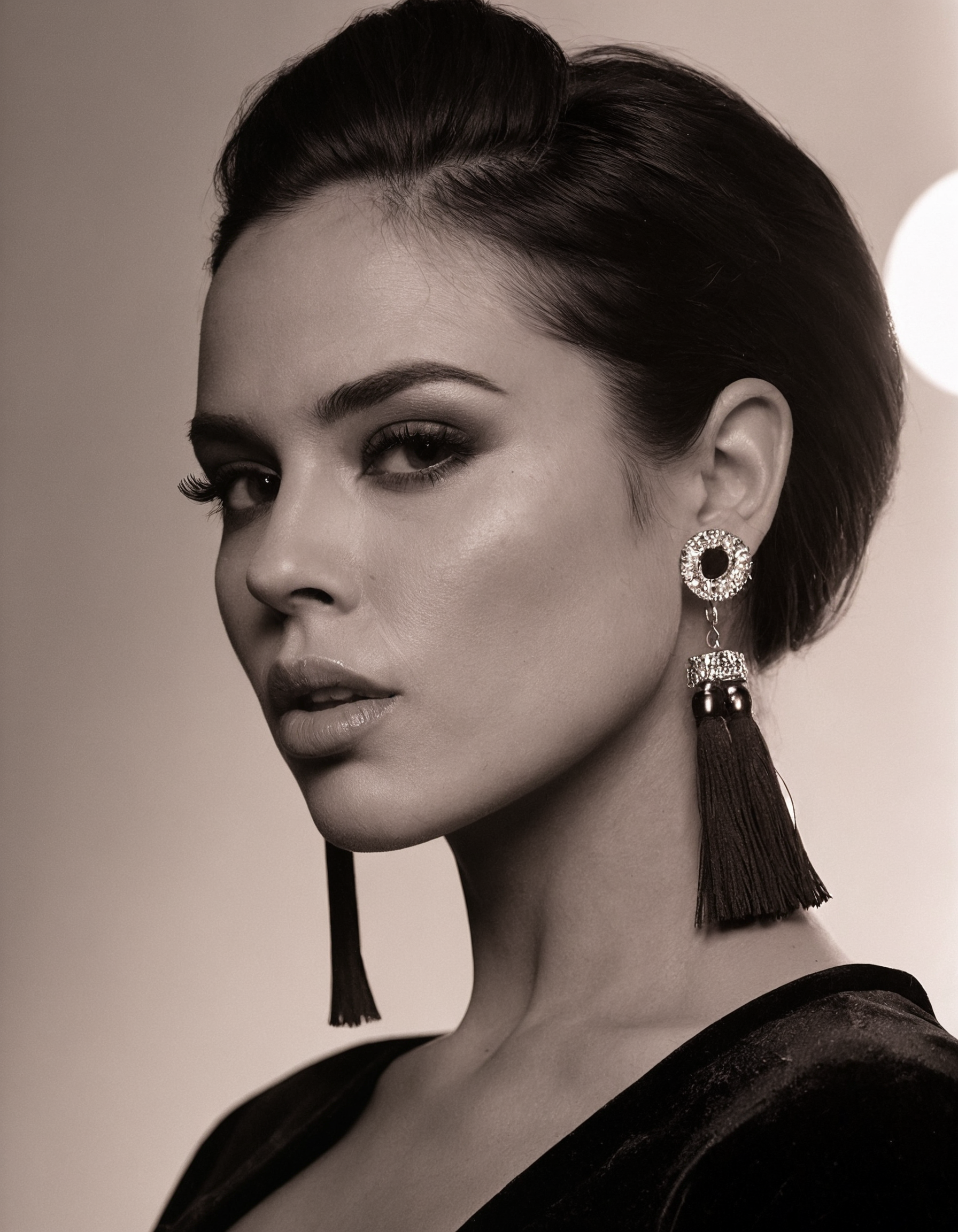 Studio Glam: Black Velvet., 
Perfect bouffant, matte lips. Camera: Hasselblad X2D + 90mm f/3.2, ISO 50, f/4.0, 1/125s. Lighting: golden reflectors. Details: velvet background, tassel earrings. Style: B&W High Key + cheekbone highlights. Emotion: authoritative confidence.