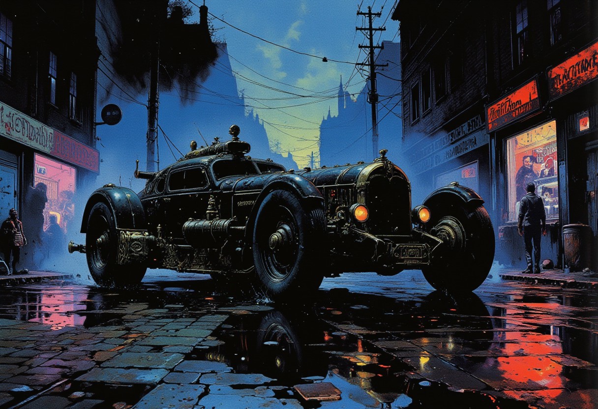 A futuristic black car with an ornate, gothic-inspired design, resting on a wet street, illuminated by neon reflections on the rain-soaked cobblestones. The custom-made vehicle boasts a streamlined body with large, bold, low-profile wheels that exude power and precision. Its intricate metallic details feature sculpted ornamentation, blending gothic elegance with high-tech futurism. Dramatic lighting cuts through the foggy night, casting long shadows and creating a striking color contrast of glowing neon blues and purples against the sleek black surface of the car. The scene combines gothic sci-fi with Renaissance aesthetics, framed as a masterpiece painting of futuristic high-tech beauty.,deep contrasting shadows, gloss,    
detailed,vibrant,colorful,color contrast,(dramatic lighting),Picture-perfect image, fog,light particles,expressive,cinematic,((no humans)),UHD,absurdes,visionary,scifi noir.neo-renaissance,crimson, yellow and purple,close-up,zoomed,centered