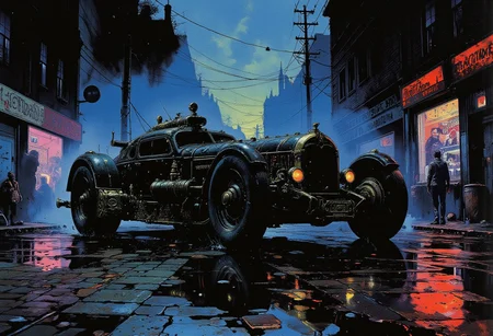 A futuristic black car with an ornate, gothic-inspired design, resting on a wet street, illuminated by neon reflections on the rain-soaked cobblestones. The custom-made vehicle boasts a streamlined body with large, bold, low-profile wheels that exude power and precision. Its intricate metallic details feature sculpted ornamentation, blending gothic elegance with high-tech futurism. Dramatic lighting cuts through the foggy night, casting long shadows and creating a striking color contrast of glowing neon blues and purples against the sleek black surface of the car. The scene combines gothic sci-fi with Renaissance aesthetics, framed as a masterpiece painting of futuristic high-tech beauty.,deep contrasting shadows, gloss,    
detailed,vibrant,colorful,color contrast,(dramatic lighting),Picture-perfect image, fog,light particles,expressive,cinematic,((no humans)),UHD,absurdes,visionary,scifi noir.neo-renaissance,crimson, yellow and purple,close-up,zoomed,centered
