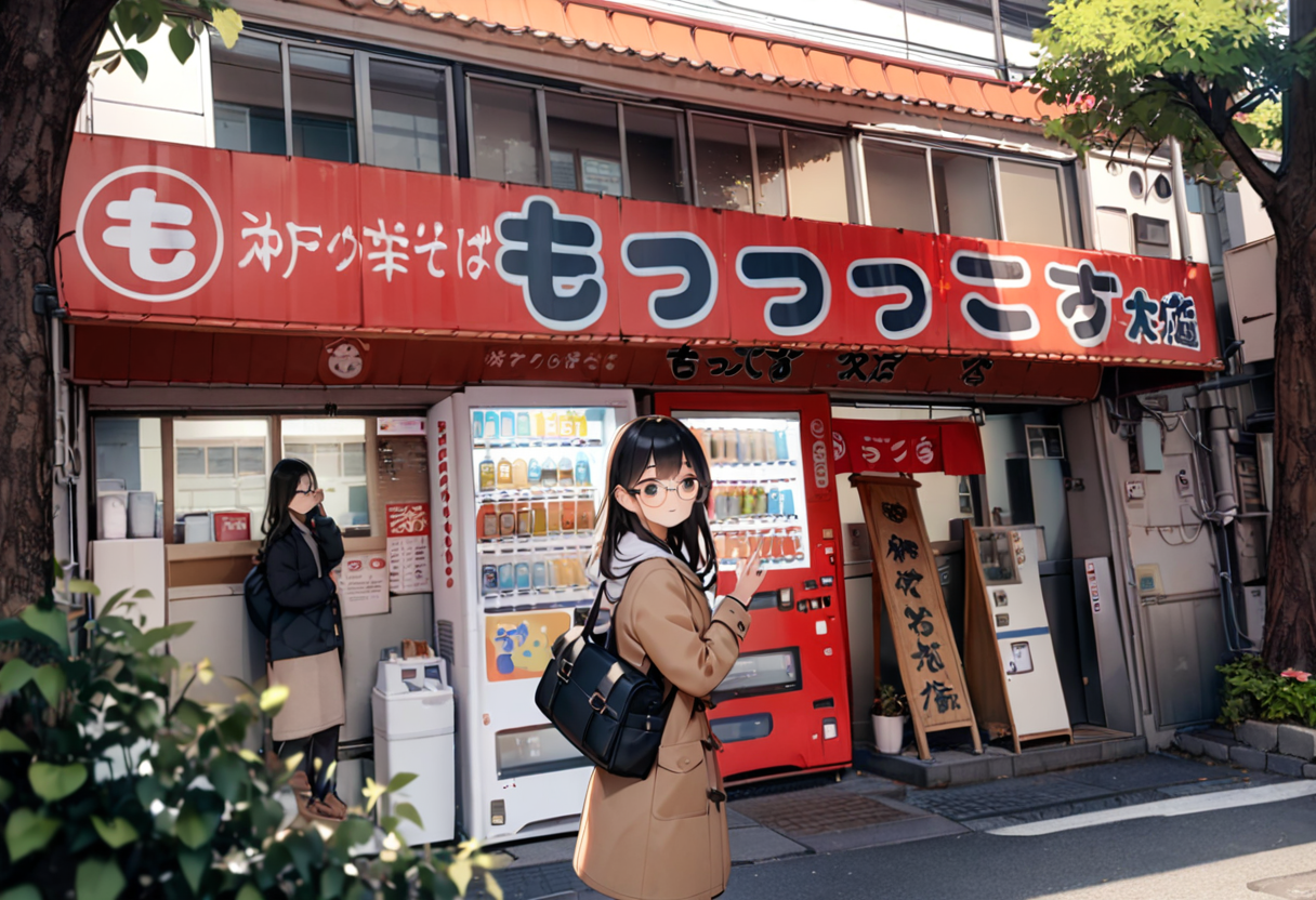 masterpiece, best quality, very aesthetic, absurdres,
1girl, solo, glasses, black hair, long hair, duffle coat, black bag, smile, looking at viewer, solo focus,
moccos, scenery, storefront, japan, tree, scenery, outdoors, building, sign, vending machine, real world location, window, road, shop, plant
<lora:moccos_ramen_JAPAN_storefront_SDXL_V2:0.8>