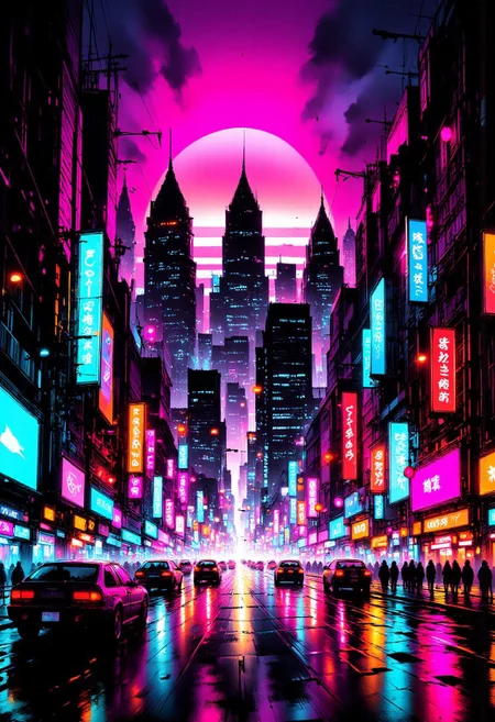 ck-rw, in the style of ck-rw, inksketch on rice paper in neon and black, traditional japanese art image, cyberpunk cityscape, skyscrapers at sunset, neon signs, video screens, mythp0rt