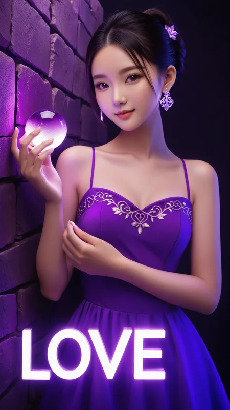 neonpunk style wallpaper,best quality,masterpiece,realistic,HDR,UHD,8K,Vivid Colors,Studio lighting,ultra-fine painting,sharp focus,physically-based rendering,Canon 35MM camera angle,art,(((1 beauiful Chinese girl holding a Amethyst))),(((the amethyst with Stone carving word "Love"))),the girl 22 years old,full body,wear purple dress with embroidery,purple Ponytail hair,Amethyst earrings,medium breasts,Bare arms,collarbones,cute face,slender,brown eye ball,bright pupils,shy,light blush,sexy pose,smile,detailed hand,indoor,ambient light,add more details,moden,hand,coral dress,,,,neon,text logo " Love",<lora:detailed_hands:1>,<lora:coraldress:0.3>,<lora:Harrlogos_v1.1:1> . cyberpunk, vaporwave, neon, vibes, vibrant, stunningly beautiful, crisp, detailed, sleek, ultramodern, magenta highlights, dark purple shadows, high contrast, cinematic, ultra detailed, intricate, professional