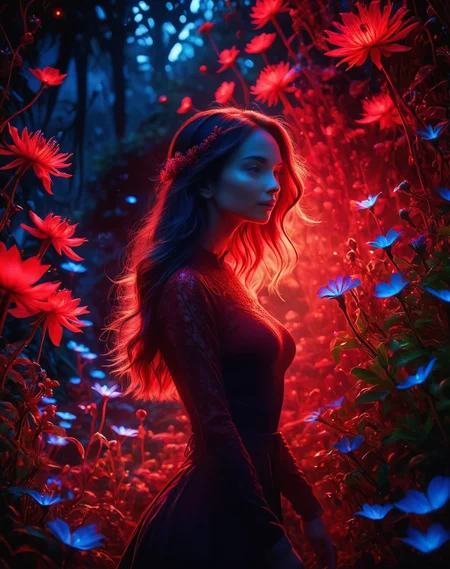 <lora:Dark_Aura_XL_-_Filled_with_miasma:1> dark aura, dynamic angle, 8K, red, HD, visually stunning scene featuring a captivating woman surrounded by an enchanting garden of surreal, bioluminescent flowers in an otherworldly twilight setting