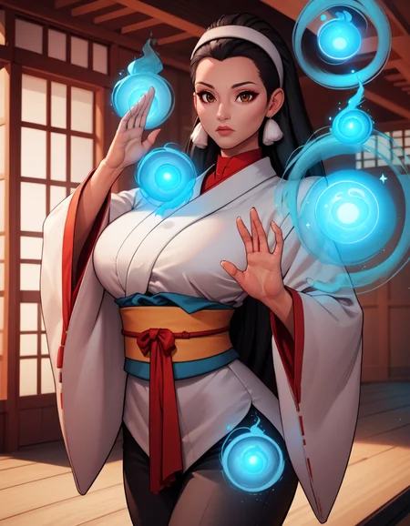 score_9, score_8_up, score_7_up,score_6_up, score_5_up, score_4_up , 1girl, solo,
large breasts,
ChizuruDG,
long hair, black hair, hair slicked back, brown eyes, 
hairband,  black pants, wide sleeves,  sash, wide sleeves,
fighting stance,
magic, orb,
cherry blossoms, east asian architecture, 
 <lora:Chizuru PXL v01:0.90>