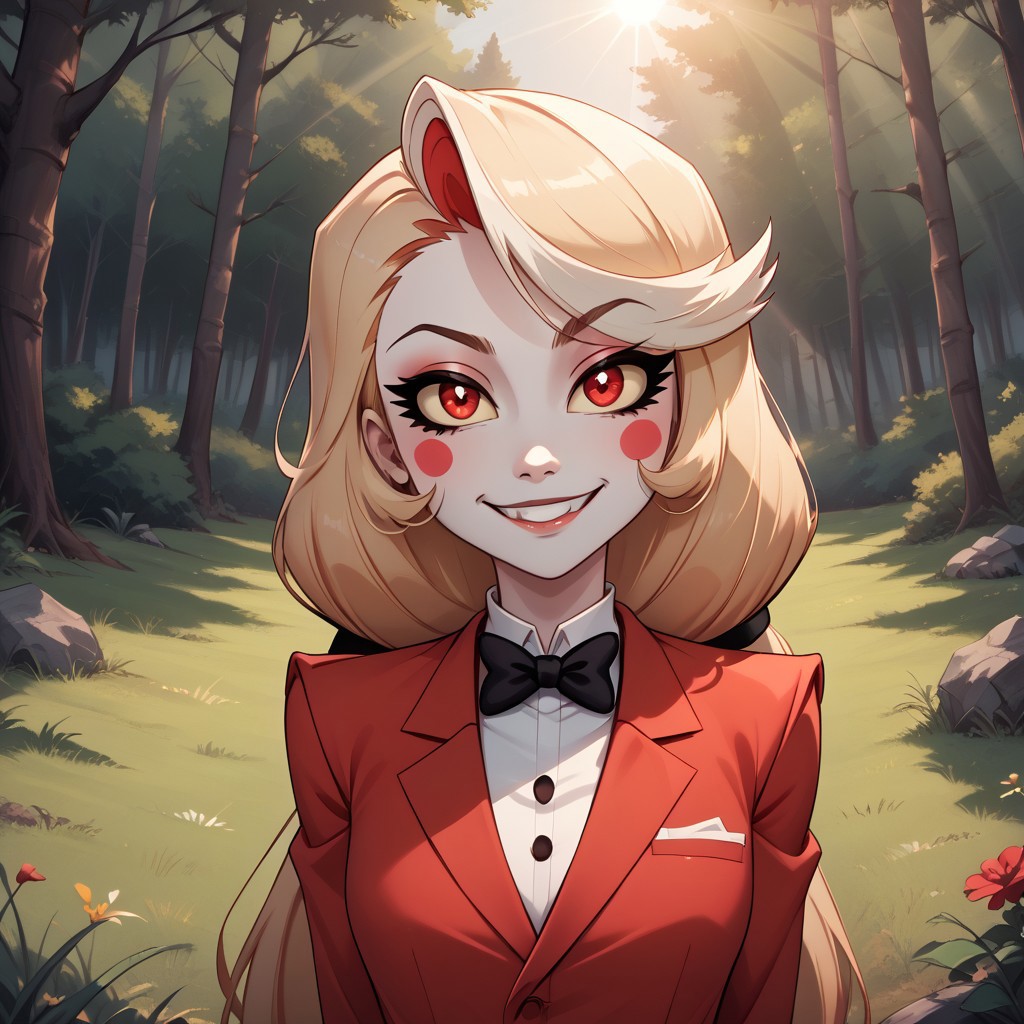 score_9, score_8, BREAK, solo, charlie from hazbin hotel, red eyes with yellow sclera, bleach white skin, rosey cheeks, golden hair, slender body, red business suit, sexy pose, self portrait, smile, outdoors, sunlight, shadows, evening lighting, natural lighting, forest, trees, grass, orange sky, sunset