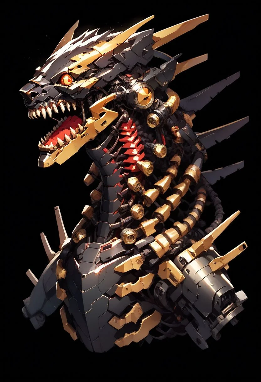 score_9, score_8_up, score_7_up,source_anime,rating_safe,ncrender,cyberpunk,no humans,black fur,robot,barghest,sharp teeth,mechanical parts,spine,tubes,black background,simple background