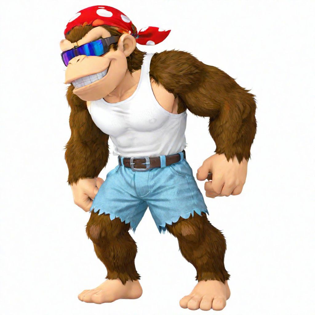 funky kong, solo, smile, simple background, shirt, 1boy, white background, standing, full body, white shirt, male focus, shorts, barefoot, teeth, belt, grin, muscular, sunglasses, tank top, furry, bandana, furry male, white tank top, leg hair