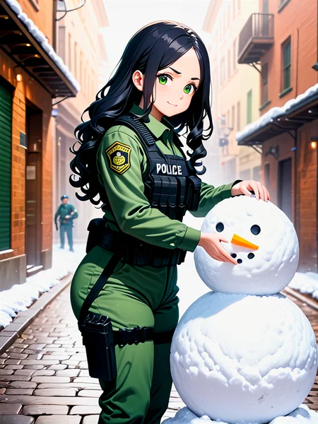 anime, best quality, (masterpiece:1.4), (high quality:1.4), sharp focus, 4k, absurd resolution, detailed hands, curly hair, long hair, (black hair:1.6), 1girl, mature female, (parted hair:1.7), (round face), (no_bangs:1.3), (no_fringe:1.6), <lora:ETO_OC_XL:0.7>, (thick eyebrows:0.9), (plump:0.8), round-chin, (greenish brown eyes), (brownish green eyes), caucasian, down-turned eyes, 1girl, (forehead:0.65), <lora:swat gear_xl:0.7> swat gear, weapon, (making a snowman), gun, uniform, police, rifle, street, officers, soldier, military, officer,