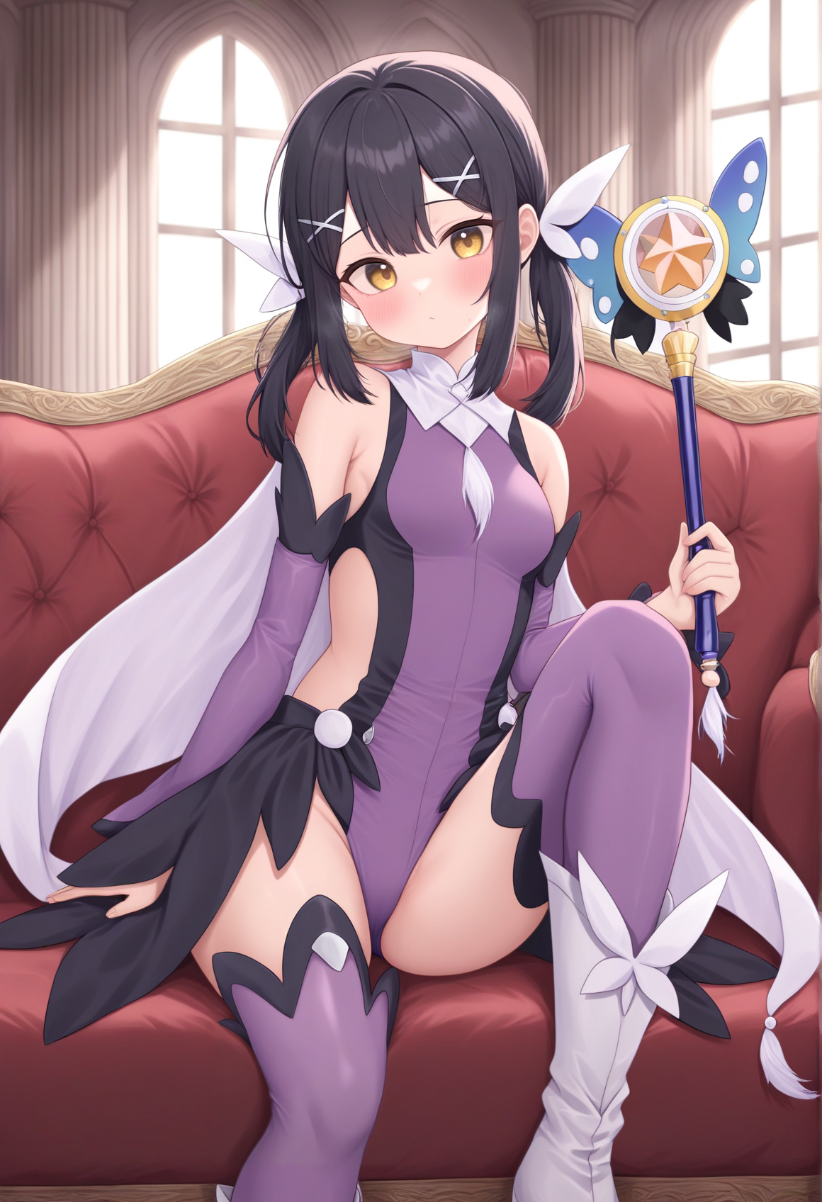 black hair, medium hair, yellow eyes, x hair ornament, low twintails, feathers, magical girl, purple leotard, waist cape, detached sleeves, thighhighs, white boots, cape, sitting, indoors, couch, mansion, expresionless, head tilt, holding wand <lora:Miyu_Illus:1>, masterpiece, best quality, amazing quality, very aesthetic, absurdres, highres, newest