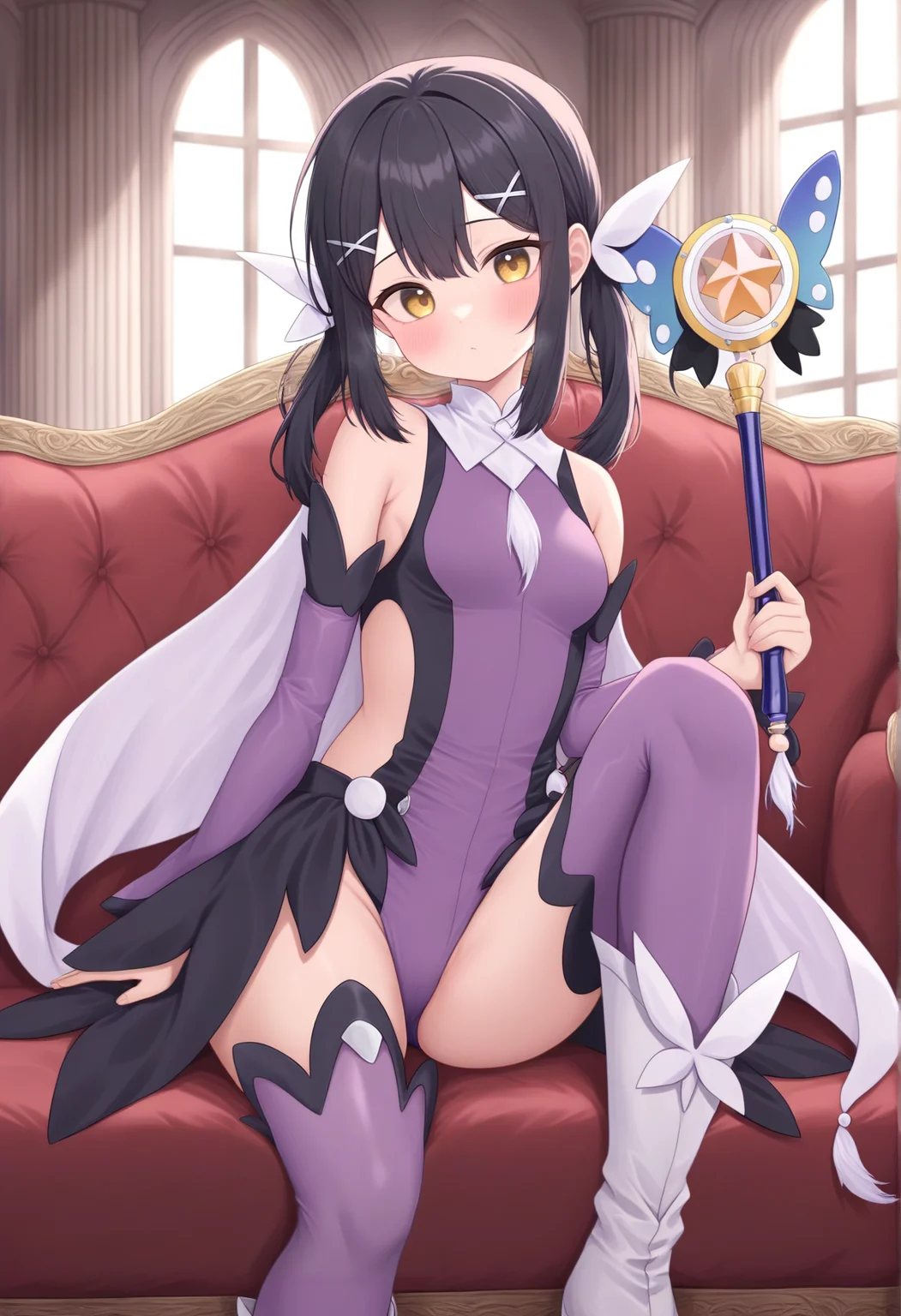black hair, medium hair, yellow eyes, x hair ornament, low twintails, feathers, magical girl, purple leotard, waist cape, detached sleeves, thighhighs, white boots, cape, sitting, indoors, couch, mansion, expresionless, head tilt, holding wand <lora:Miyu_Illus:1>, masterpiece, best quality, amazing quality, very aesthetic, absurdres, highres, newest