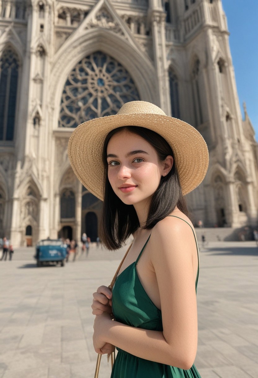 18yo girl posing for pic in front of tall bright cathedral. Wedding event background.
Blue eyes. small perfecteyes 
Wearing a satin green sundress and a large straw hat
no makeup. Clear skin.  realistic skin style
Long dark black slick back hair. No makeup. Cheerful morning , bright sun light. Looking at camera POV. Slight smile, tilting head.. Tilt head.
Medium shot. Bokeh. Bokeh light.