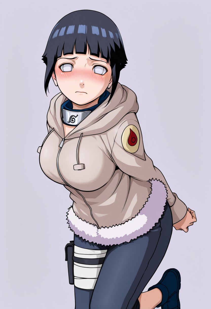 l1nda, masterpiece, amazing quality, best quality, detailed eyes, detailed skin, aesthetic,
upperbody, solo female focus, 1girl, 
hyuuga hinata, 1girl, black hair, short hair, white eyes, no pupils,hoodie, hood down, long sleeves, capri pants, fur trim, thigh holster, toeless footwear, bandages, konohagakure symbol
, big breasts, slight blush, looking at viewer,
simple background,