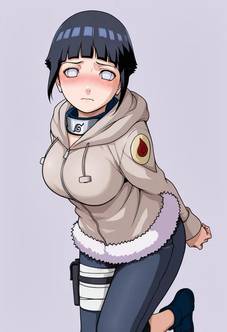 l1nda, masterpiece, amazing quality, best quality, detailed eyes, detailed skin, aesthetic,
upperbody, solo female focus, 1girl,
hyuuga hinata, 1girl, black hair, short hair, white eyes, no pupils,hoodie, hood down, long sleeves, capri pants, fur trim, thigh holster, toeless footwear, bandages, konohagakure symbol
, big breasts, slight blush, looking at viewer,
simple background,