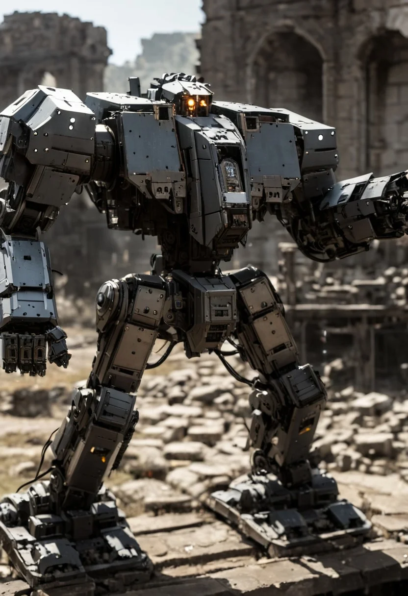 photograph, highly detailed, mecha, robot, war machine, day, glass windsheild, outdoors, ruins, battle, size difference, cold light, burning, firing