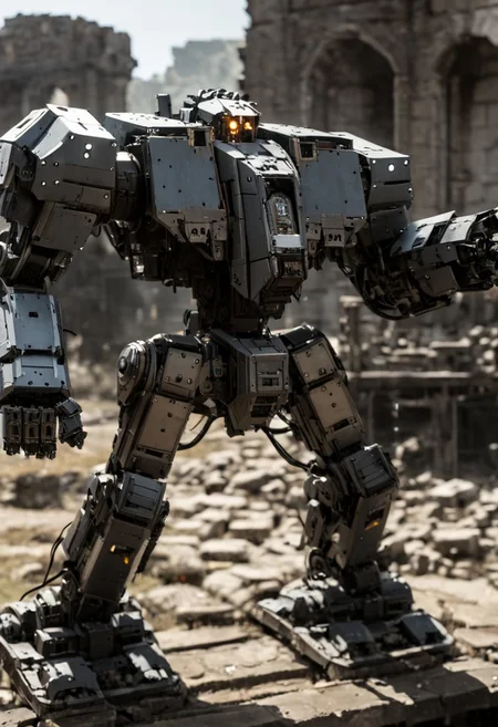 photograph, highly detailed, mecha, robot, war machine, day, glass windsheild, outdoors, ruins, battle, size difference, cold light, burning, firing
