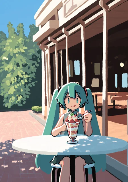 masterpiece, best quality, very aesthetic BREAK muji \(uimss\), hatsune miku, sitting, eating, parfait, table, :q, holding, spoon, looking at viewer, outdoors
<lora:noob05-Kyora-san-unet only-jan31-step00002464:1>