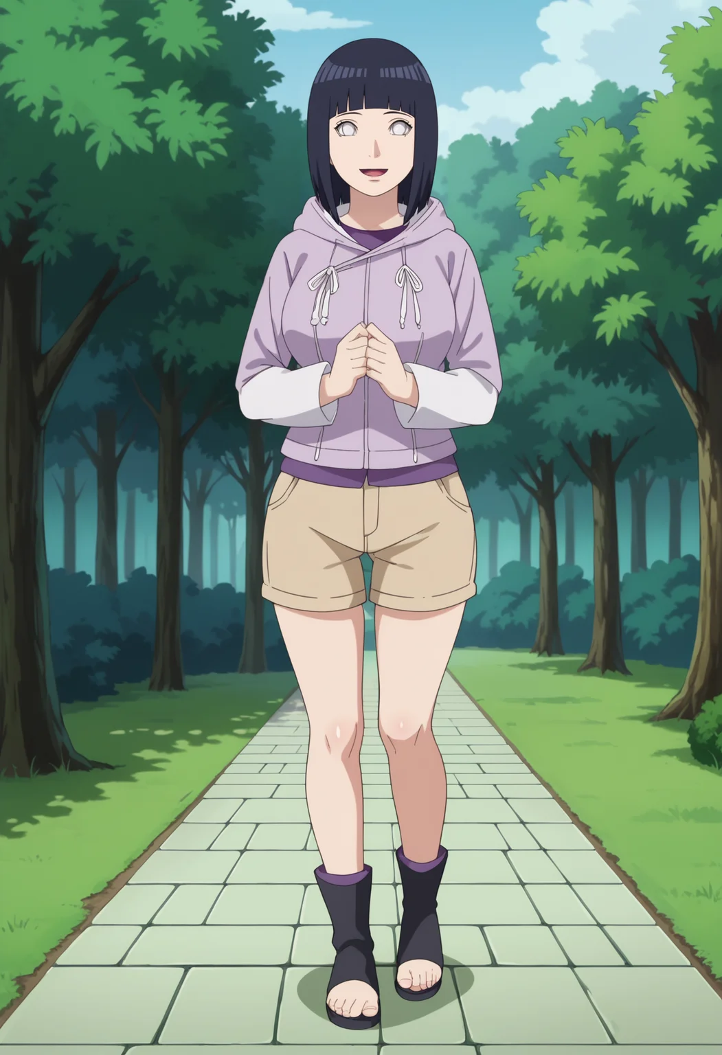 score_9, score_8_up, score_7_up, source_anime,anime screencap,anime coloring,intricate details,masterpiece,
uncensored,
mature female,
hinata, black hair, 1girl, short hair, large breasts, bangs, blunt bangs,white eyes,no pupils,
hoodie,long sleeves,jacket,purple jacket,hood down,layered sleeves,short over long sleeves,white shirt,beige shorts,toeless footwear,
open mouth,
smile,looking at viewer,
perfect anatomy,
scenery,outdoors, east asian architecture, forest,
<lora:Hinata Boruto:0.9>