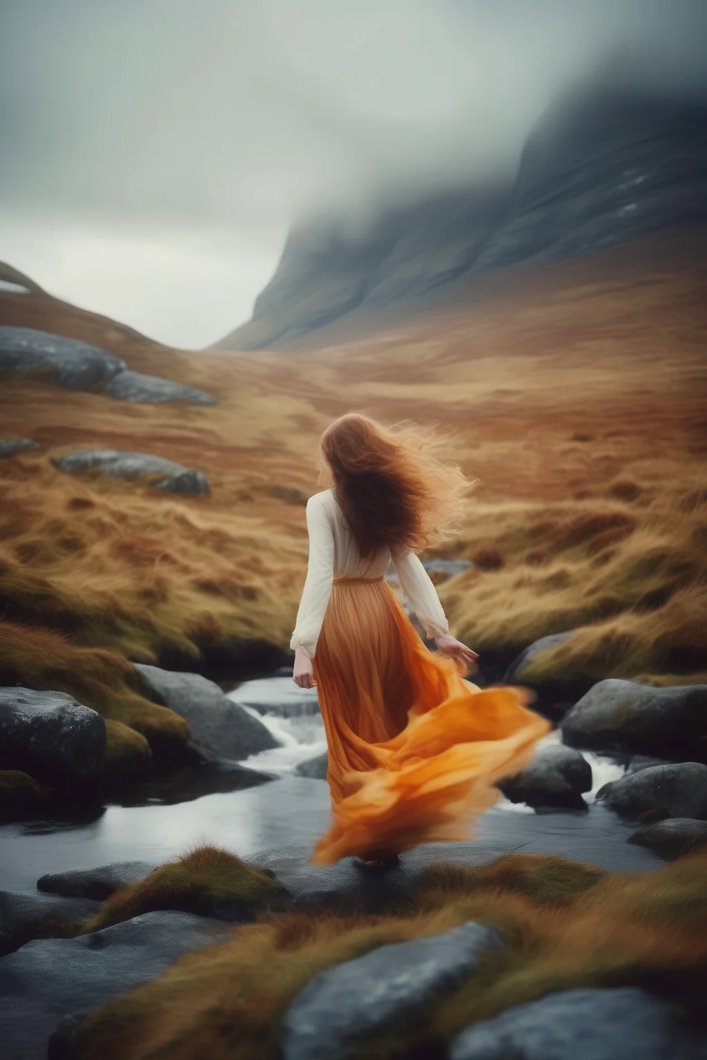 <lora:Elizabeth Gadd Style:1>Elizabeth Gadd Style - a girl with long hair standing in mountain landscape, in the style of elizabeth gadd, adrian donoghue, pinhole photography, graceful movements, anthony van dyck, white and amber, playful and whimsical imagery