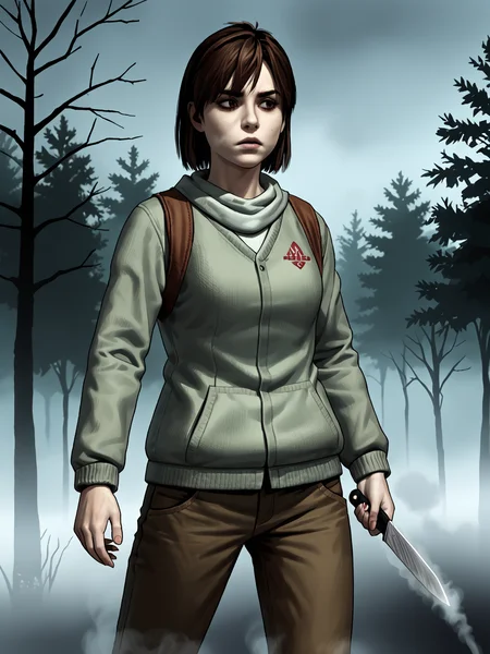 outdoors, source_3d, score_7_up, <lora:angelast:0.89> (sh2angela:0.9), brown hair, fog, thick fog, mist
holding knife, asymmetrical, one knife