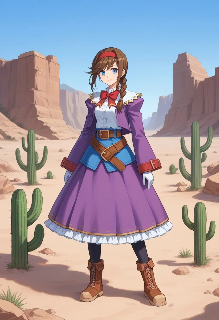 score_8, score_8_up, score_7_up, source_anime, anime screenshot BREAK female focus, 1girl, solo, Virgina_WA, brown hair, hair intakes, asymmetrical hair, braid, single braid, bangs, Blue eyes, red hairband, hairband, bowtie, red bowtie, white blouse, blouse, purple jacket, jacket, cropped jacket, juliet sleeves, long sleeves, sleeve garter, wide sleeves, gloves, white gloves, belt, long skirt, purple skirt, frilled skirt, holster, white holster, pantyhose, black pantyhose, fold-over boots, fringe trim, arms at side, standing, full body, outdoors, desert, cactus, canyon, blue sky,