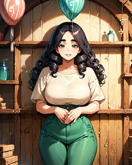 score_9, score_8_up, score_7_up, score_6_up, source_anime, rating_safe, ah1, 1girl, (curly hair), long hair, (black hair), mature female, (parted hair:1.7), (round face), (no_bangs:1.3), (no_fringe:1.6), looking at viewer, (thick eyebrows), (curvy), round-chin, (dark olive green eyes), caucasian, down-turned eyes, <lora:ETO_OCPonyXL:0.5> eto_oc, skindentation, thick thighs, wide hips, petite, busty, voluptuous, kinky curls, puckered lips, bad-hands-5, (a romantic kiss on a hot air balloon ride over a scenic forest), (blanchedalmond Shredded tai chi pants with frays), (in convent Sacristy, Reverent chamber housing ornate vestments on wooden racks, shelves of sacred vessels gleaming in the candlelight, a large crucifix resting against the wall, a marble basin for ceremonial washing, and the scent of incense lingering in the air), (smiling),