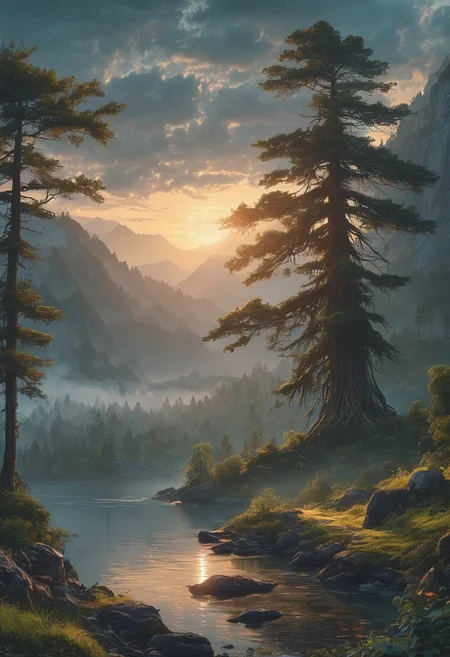 A captivating night scene illustration featuring a large wonderous magical fir tree overlooking a lake in the Smokey Mountains of Appalachia. The great fir is ancient but well strong and powerful.  This enchanting artwork captures a serene and peaceful early morning, where the sun is just starting to rise over the beautiful smokey mountains and tree which   stands resolute amidst the forest, creating a cinematic experience., illustration, cinematic
<lora:DonM3t3rn1tyXL-v1.1:0.7>, DonM3t3rn1tyXL,
OverallDetailXL  <lora:MJ52:0.3>  <lora:SDXLFaeTastic2400:0.4>  <lora:EpicF4nta5yXL:0.7>