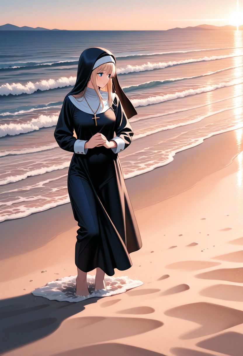 masterpiece, best quality, amazing quality,general, nun, beach, sunlight, limited palette,