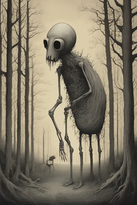 John Kenn Mortensen Style - a Shaun tan illustration of an unimaginable horror creature in dark desolate woods, hidden behind the trees only long skeletal fingers visible
