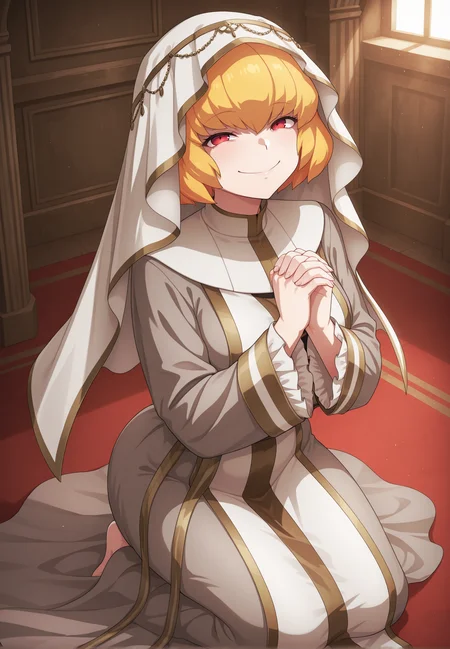 masterpiece, best quality, amazing quality, very aesthetic, absurdres, clementinegirl, solo, looking_at_viewer, smile, closed_mouth, grey_veil, nun, habit, long_sleeves, wide_sleeves, frilled_sleeves, grey_robe, brown_robe, layered_robe, long_robe, own_hands_together, own_hands_clasped, praying, kneeling, full_body, from_above, from_side, indoors, <lora:Clementine_V1(IL)_1-000006:0.9>
