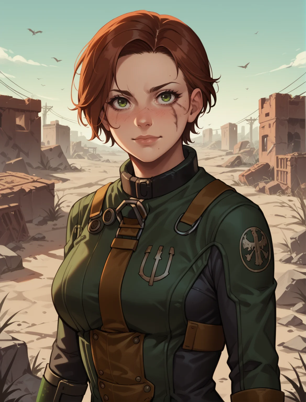 score_9, score_8_up, score_7_up, source_anime BREAK 1girl, anime,a woman with Reddish-brown hair hair, short hair, upper body, wearing a uniform, bosuni, wearing blackbos_uni, half body,<lora:BOSuniform:0.85>, outdoors, ruins,apocalypse, fallout wasteland <lora:Galactic:0.7>