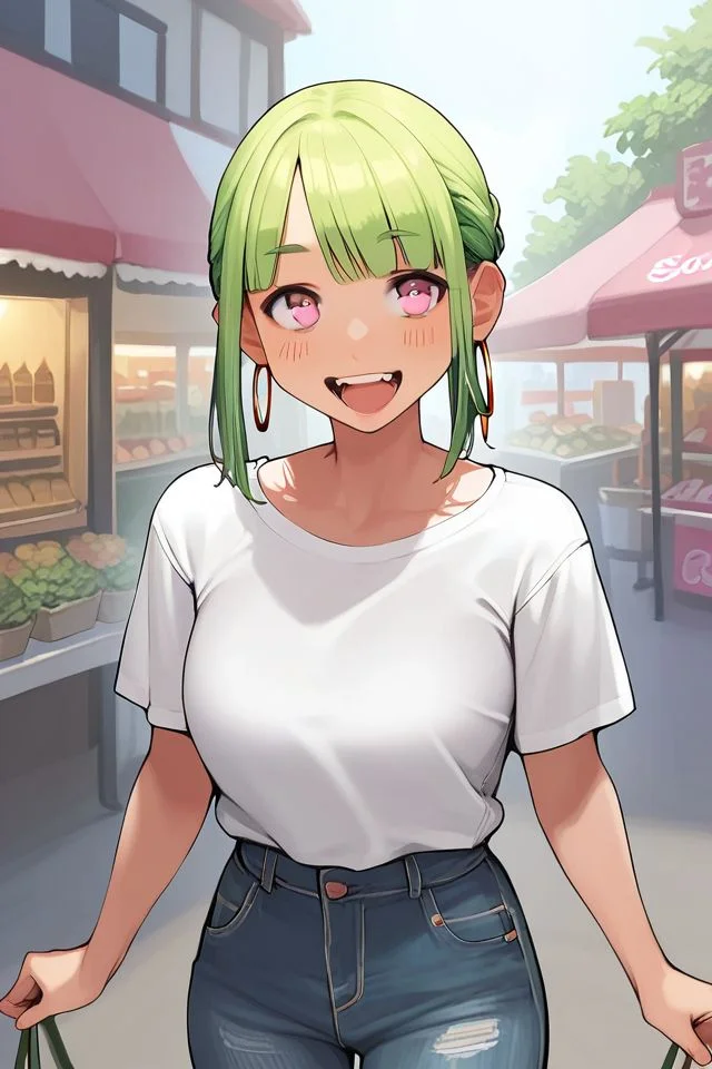 score_9, score_8_up, score_7_up, 1girl, happy, light_green hair, textured_bangs, low_tied_sidelocks, pink eyes, large breasts, hoop earrings, flower shop, sidelighting <lora:yomu_(sgt_epper)_PonyXL_style_v01:1>