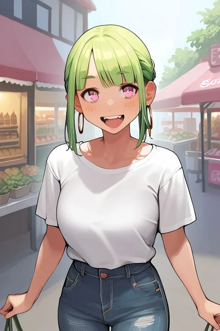 score_9, score_8_up, score_7_up, 1girl, happy, light_green hair, textured_bangs, low_tied_sidelocks, pink eyes, large breasts, hoop earrings, flower shop, sidelighting <lora:yomu_(sgt_epper)_PonyXL_style_v01:1>