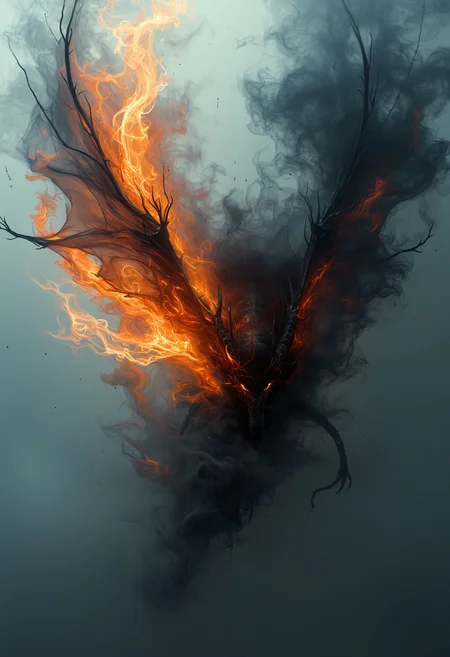 a dipiction of a fire bat, (disintegrating and dissolving into fog and smoke:1.9), (blending form with reality:1.9). Framed in thick volumetric fog. diffused light, delicatly, whispering, eye catching masterpiece artwork. drifting fog, cracked light and scattering smoke in a dreamlike reality