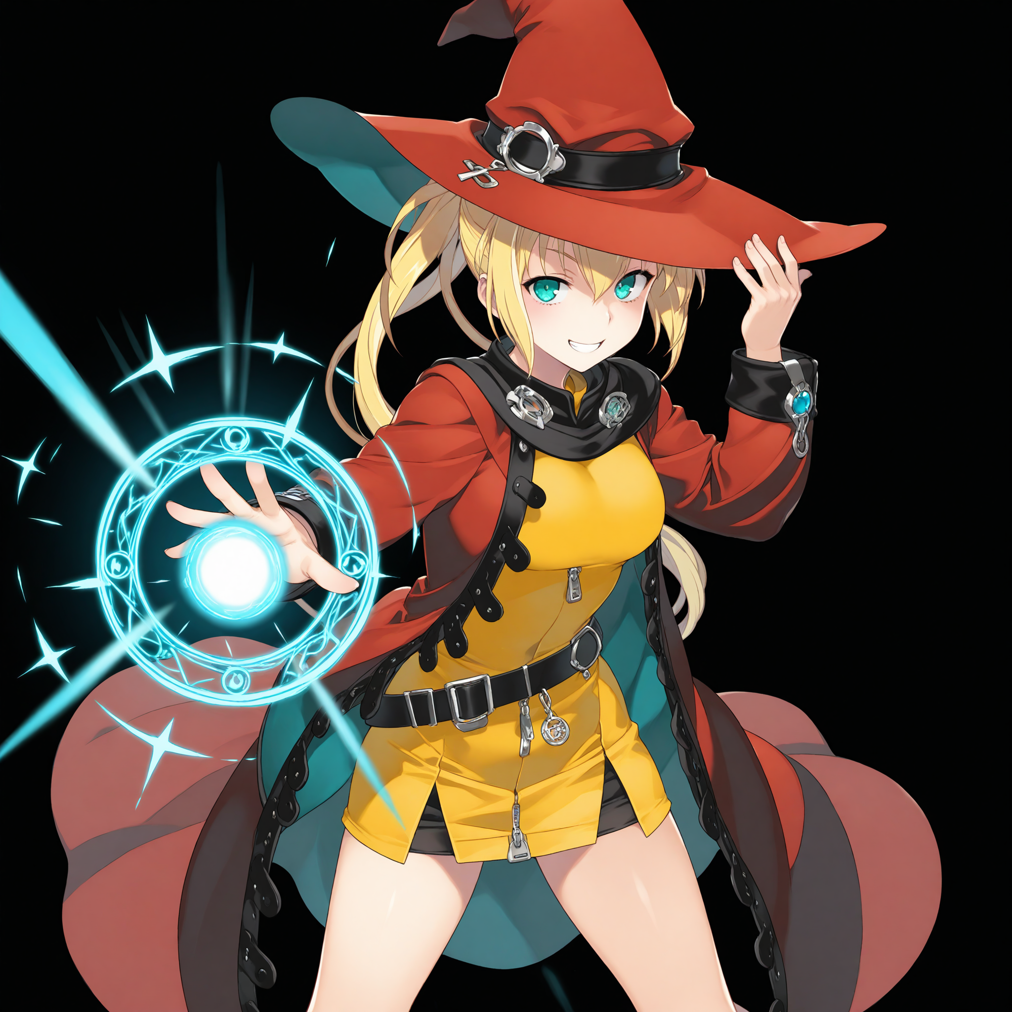 <lora:Nagi_Su_Ragarl_2_nai-000055:1>,Nagi Su Ragarl,ponytail,aqua eyes,
witch hat,red headwear,
official outfit,belt,red coat,yellow dress,long sleeves,zipper,blue lining,black scarf,
1girl,solo,smile,magic circle,magic,outstretched arm,legs apart,hand on headwear,depth of field,lens_flare,looking at viewer,glowing,light,black background,aiming at viewer,energy ball,grin,