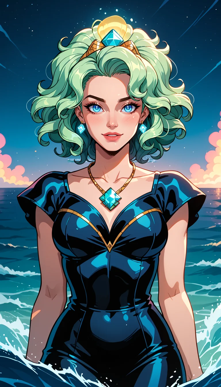 score_9, score_8_up, score_7_up, Western Comics, Cowboy Shot, girl, stunning cute, seductive, innocent, light smile:0.3, plump lips, slender body, dances among the waves, Glowing Blue illuminate, eerie glow, grace and mystery, night, radiant aura, phosphorescent glow of the sea, luminous beauty, mesmerizing spectacle, captivating, ocean background, depth of field, dynamic angle, fashion photography, sharp, hyperdetailed:1.15