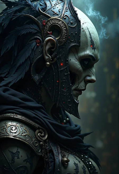 Masterpiece, 8k, HDR, best quality, photography, analog film, real life, extremely beautiful, highly detailed, intricately detailed, dramatic. (famous artwork by Ingrid Baars and Eric Lacombe:2), (undead warrior:1.5), dead pale skin, blind, cloudy pupil, ornate war helmet, dead eyes, ancient rune tattoos, black disheveled feather decoration, suffering, dark hell forge background, hyperdetailed photography, masterpiece, best quality, high quality, highres, ultra-detailed, best quality, 8K, high resolution, extreme detail, outstanding composition:1.4, professional photo 85mm lens for elegant body lines and fine skin detail with sharp subject, (dramatic backlighting:1.4), eerie fog, dark shadows, soft glowing highlights, haunting contrast, mystical aura, high contrast, ominous mood, deep blue and dark red tones, glowing runes in the dark, ethereal mist swirling around, underlit face with harsh shadows on the helmet <lora:FluxMythP0rtr4itStyle.safetensors:1.0>, mythp0rt <lora:DnDDarkestFantasy.safetensors:1.0>, ArsMJStyle, dnddarkestfantasy <lora:aidmaMJ6.1-FLUX-V0.1.safetensors:1.0>, midjourneyv6.1 <lora:- Flux1 - vanta_black_V1.0.safetensors:1.0>,