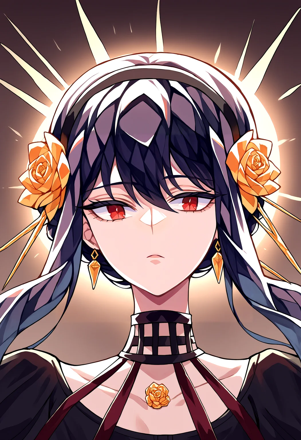 score_9, score_8_up, source_anime, 1girl, incrsxlcrystalhair, crystal hair, <lora:CrystalHair_XLPD:1.4>, shiny hair, yor briar, upper body, black hair, red eyes,