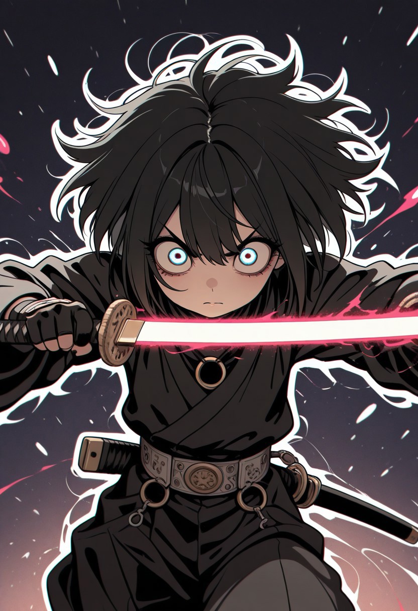 gothic_glittercore, masterpiece,best quality,amazing quality, 1man, male space samurai, black hair, big eyes, movement, sword fight, , o-ring,
 white outline glow, chromatic aberration, high res image,