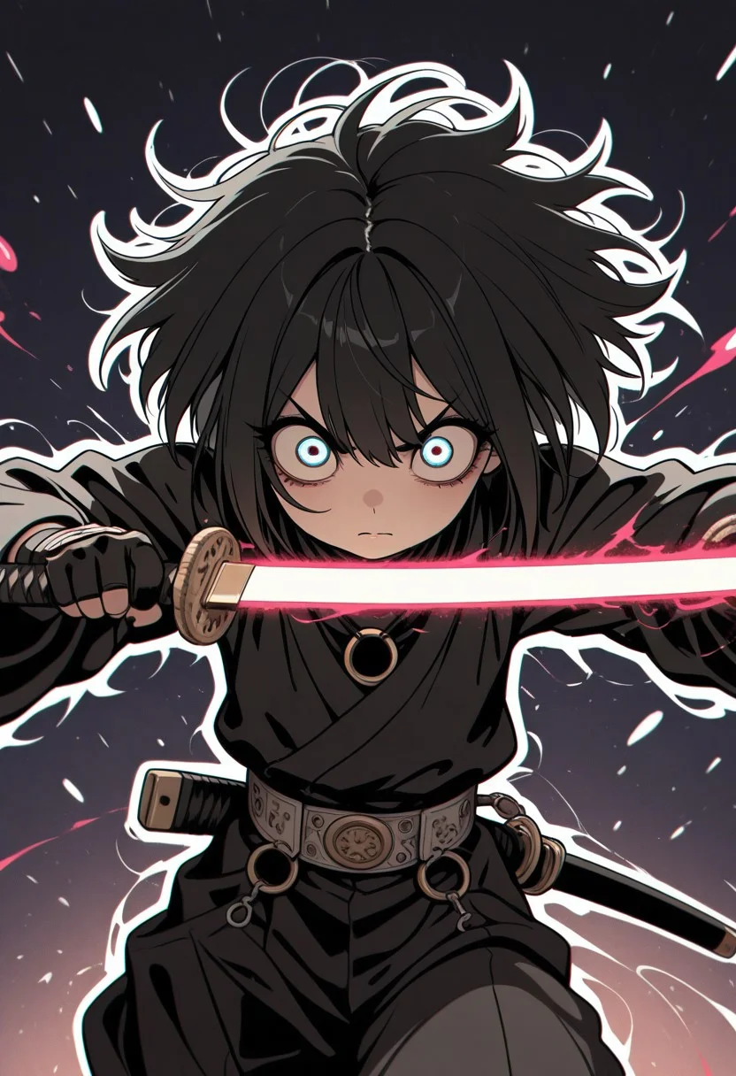 gothic_glittercore, masterpiece,best quality,amazing quality, 1man, male space samurai, black hair, big eyes, movement, sword fight, , o-ring,
white outline glow, chromatic aberration, high res image,