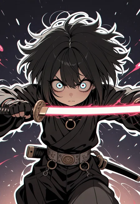 gothic_glittercore, masterpiece,best quality,amazing quality, 1man, male space samurai, black hair, big eyes, movement, sword fight, , o-ring,
white outline glow, chromatic aberration, high res image,