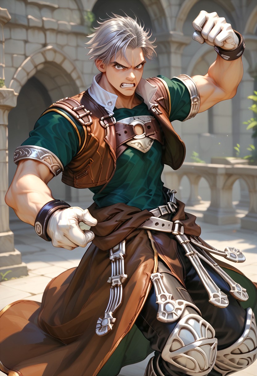 score_9, score_8_up, score_7_up, male focus, toned male, natgra2, gray eyes, short hair, silver hair, steel greaves, plated footwear, brown skirt, black pants, green shirt, brown leather vest, silver belts, white gloves, silver chest plate, dynamic pose, angry, teeth, full body view