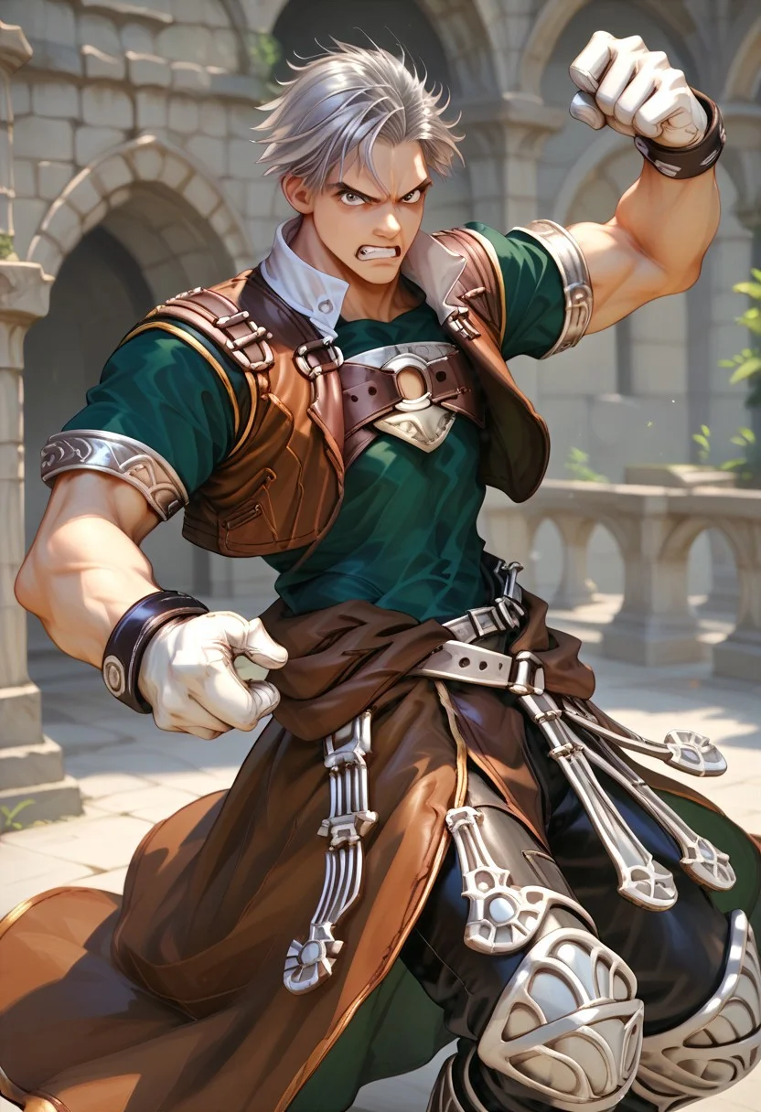 score_9, score_8_up, score_7_up, male focus, toned male, natgra2, gray eyes, short hair, silver hair, steel greaves, plated footwear, brown skirt, black pants, green shirt, brown leather vest, silver belts, white gloves, silver chest plate, dynamic pose, angry, teeth, full body view
